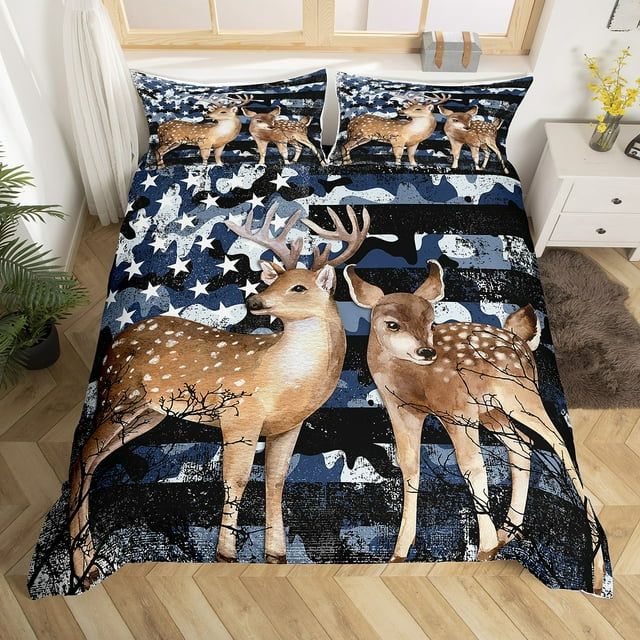Sika Deer Duvet Cover Twin Spotted Deer American Flag Bedding Set,Navy