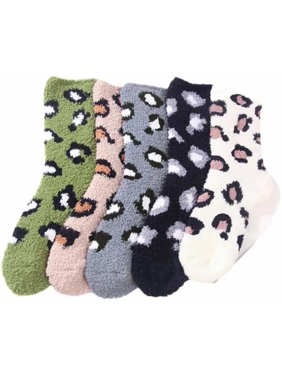 5 Pair Women Fuzzy Socks Cute Leopard Y2K Socks Winter Fall Slipper Socks Aesthetic Vintage Ankle Warm Cozy Socks