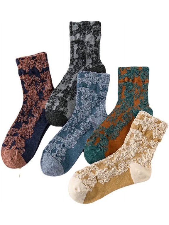 5 Pairs Vintage Socks Y2K Grunge Ethnic Jacquard Crew Cotton Socks Fairycore Alt Emo Dress Socks