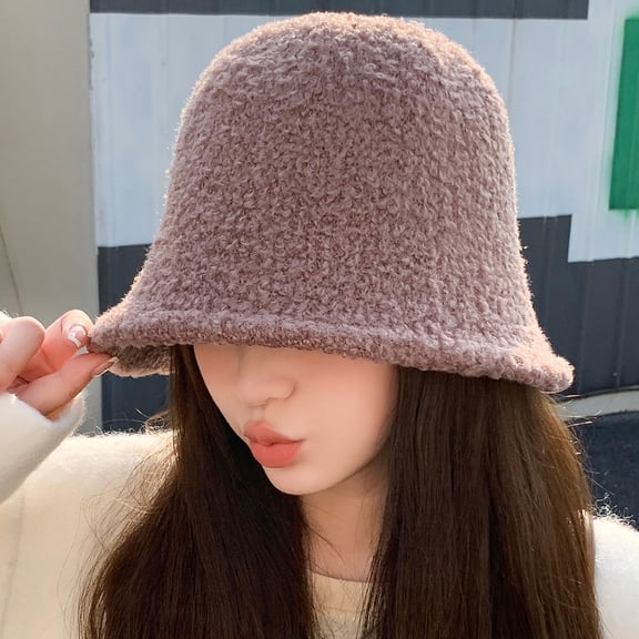 SikaFu Advanced Sensory Lamb Bucket Hat Female Autumn And Winter Plain Face Covered Face Warm Basin Hood Temperament Hats Spot Spot