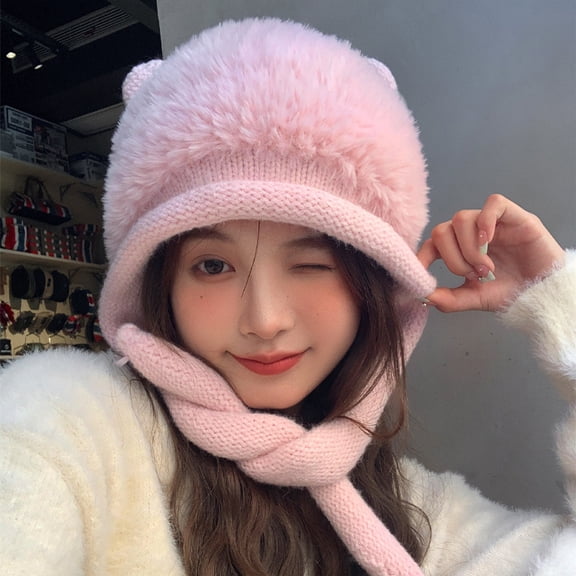 SikaFu Autumn And Winter Kitten, Plush Hat, Windproof Cycling Hair Ball Hats Versatile Fashion Plus Velvet Thickened Warm Needle Woven Cap