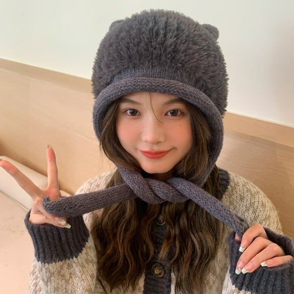 SikaFu Autumn And Winter Kitten, Plush Hat, Windproof Cycling Hair Ball Hats Versatile Fashion Plus Velvet Thickened Warm Needle Woven Cap