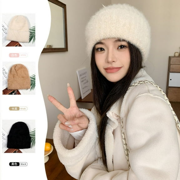 SikaFu Autumn And Winter Knitted Rabbit Hair Hats Female Versatile Loose Faces, Small Sun -Protective Ear, Big Head Circumference Baotou Knitted Cap