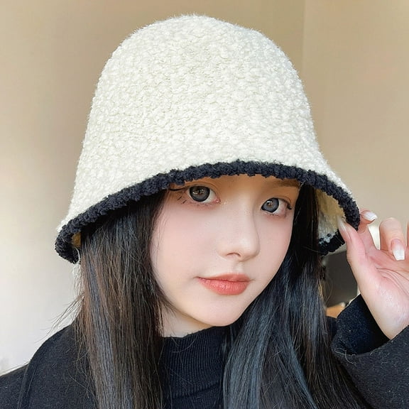 SikaFu Autumn And Winter New Pot Hats Fisherman Hat Lamb Hairy Hairs Female Net Red Ins, Knitted Hat Bucket Cap