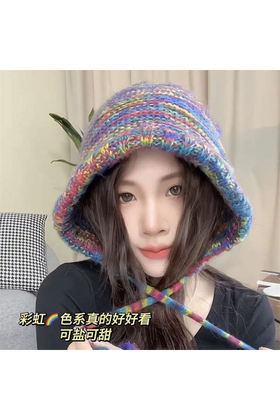 Autumn And Winter Wool Hat Female Cute Warm Set Women Hat Wild Rainbow Stitching Cap