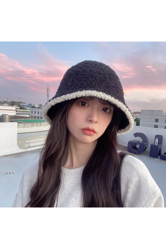 Autumn And Winter Korean Edition Japanese Color Blocked Bucket Hat Versatile Lamb Fleece Knitted Fisherman Hat With Plain Face And Small Warm Bowl Hat