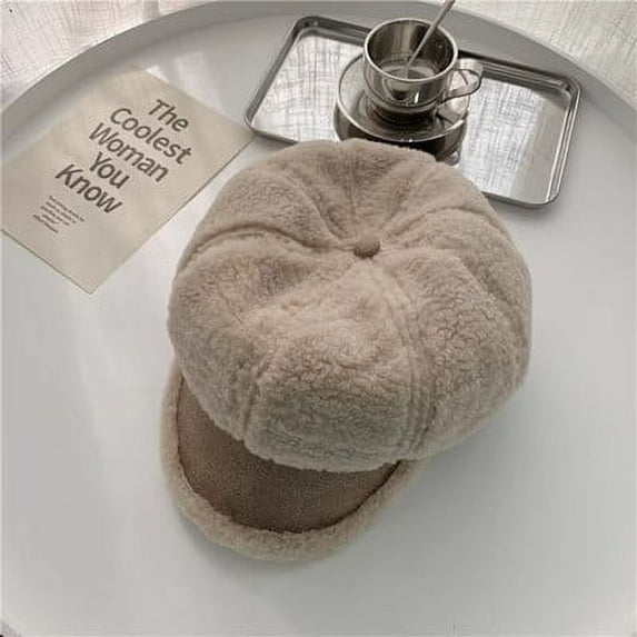 SikaFu Autumn And Winter New Patchwork Plush Curved Brim Beret For Women And Japanese Versatile Warmth, Retro Fashionable Temperament, Octagonal Hat Trend