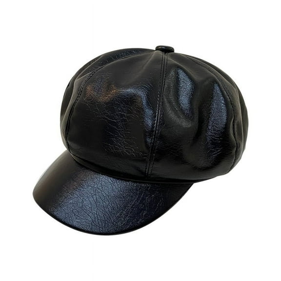 SikaFu Autumn And Winter Show Face Small Leather Hat Versatile Duck Tongue Beret Hat For Men And Women Black Octagonal Hat British Retro PU Leather Fashion