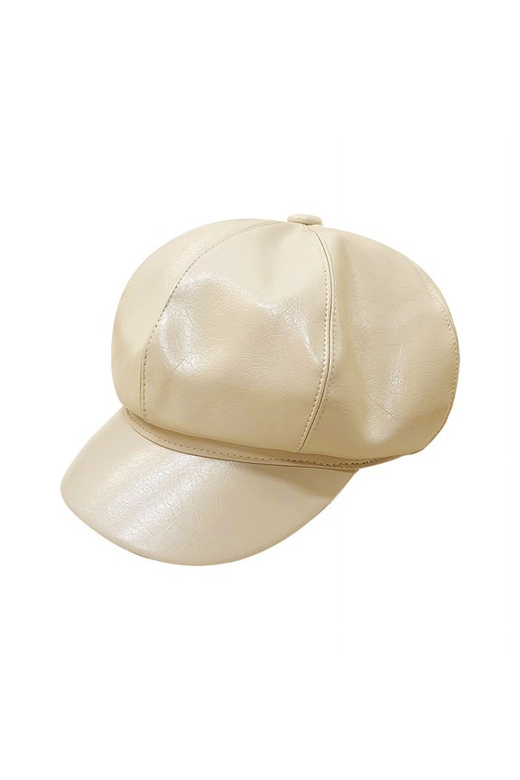 Autumn And Winter Show Face Small Leather Hat Versatile Duck Tongue Beret Hat For Men And Women Black Octagonal Hat British Retro PU Leather Fashion