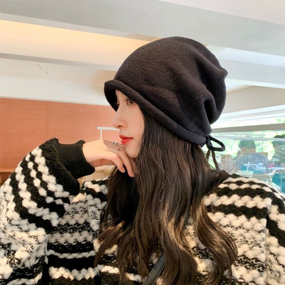 SikaFu Autumn And Winter Version Of The Big Head Circumference Drawing Rope Knocks, Knitted Confinement Hat Female Rolled Cocks Cold Hat, Cold Hat, Face Face Pile Hat