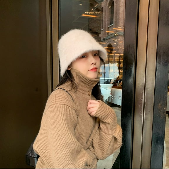 SikaFu Autumn And Winter Water Bucket Hat Women's Imitation Rabbit Hair Covering Basin Hat Korean Version Japanese Cold And Warm Plush Fisherman Hat Trend