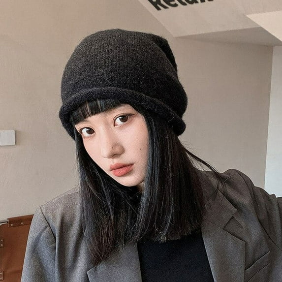 SikaFu Autumn Winter Wool Curling Hat Black Pullover Hat Knitted Beanie Women's Hat Winter Men Skullies Beanies Warm Casual Slouchy Hat