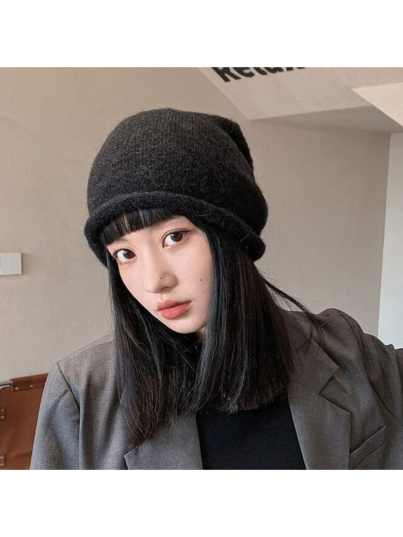 Autumn Winter Wool Curling Hat Black Pullover Hat Knitted Beanie Women's Hat Winter Men Skullies Beanies Warm Casual Slouchy Hat