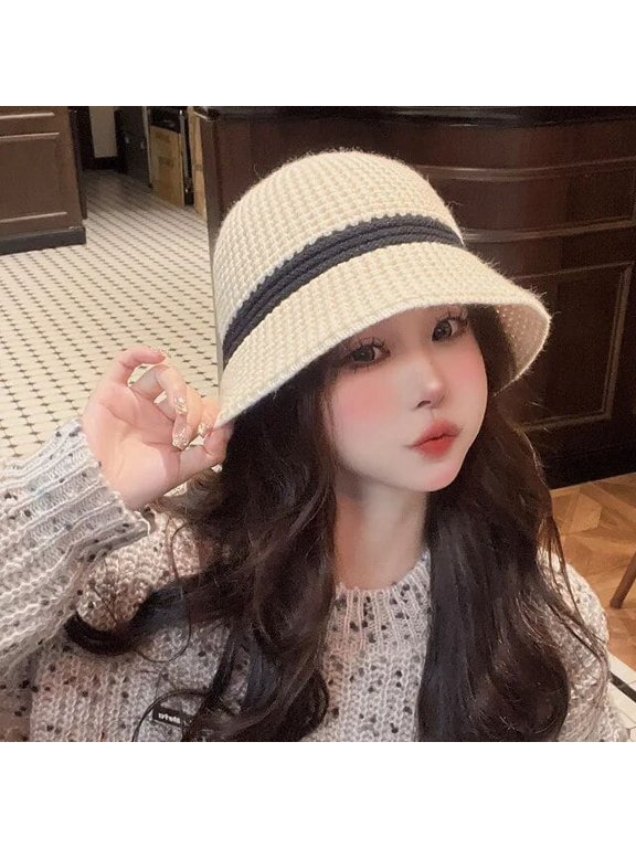 Autumn and Winter Bucket Hat Women Warm Simple Color Matching Knitted Hats Fashionable and Elegant Acrylic Bob Cap