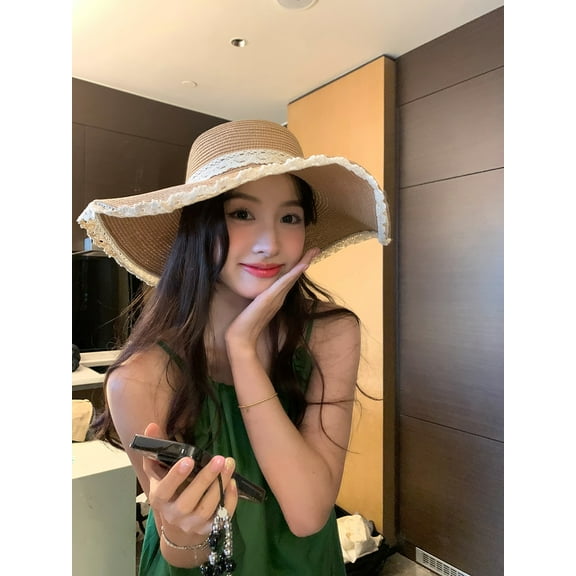 SikaFu Beach Hat Woven With Sun Protection And Shading, Large Brim, Small Lace Lace, And Straw Hat For Women