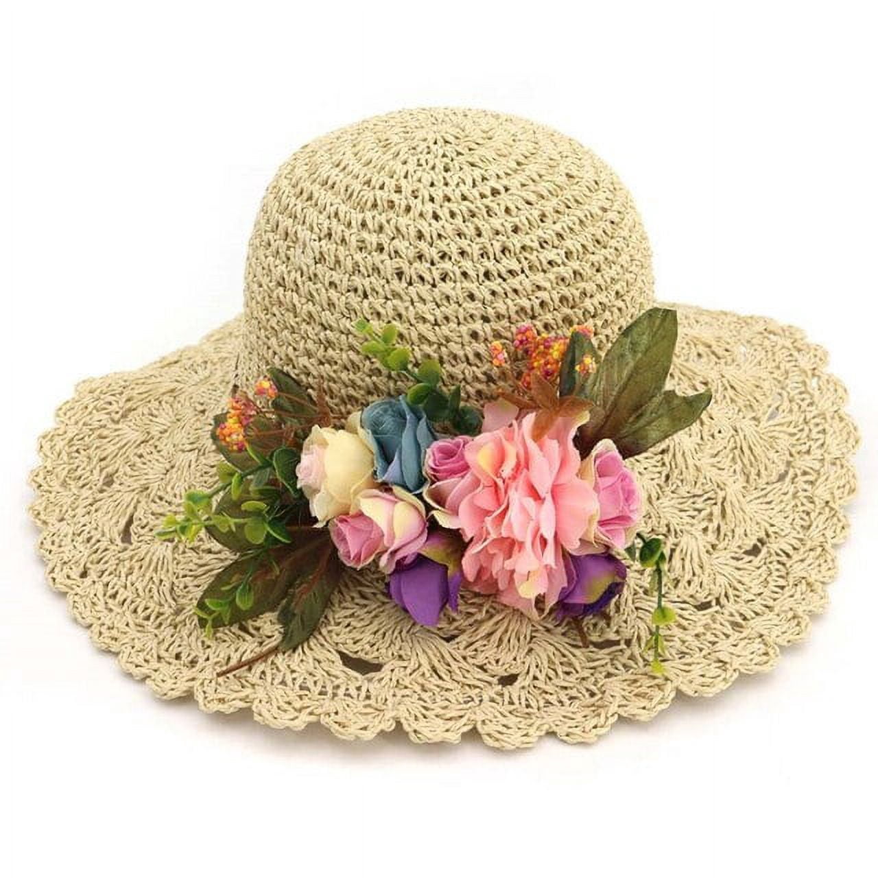 SikaFu Big Handmade Flowers Straw Hat Women Wide Brim Beach