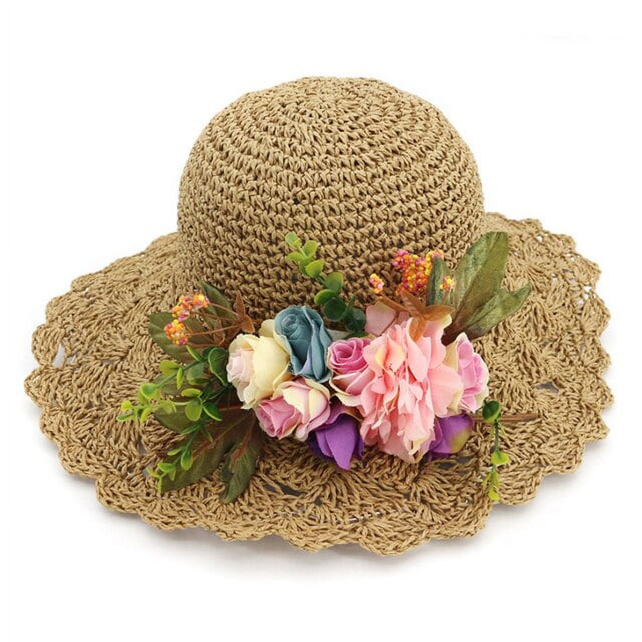 SikaFu Big Handmade Flowers Straw Hat Women Wide Brim Beach