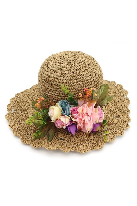 Big Handmade Flowers Straw Hat Women Wide Brim Beach Sun Hat Ladies Packable Crochet Summer Hat Female Travel Beach Cap