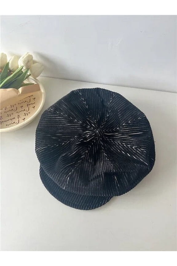 Black Striped Corduroy Beret Autumn and Winter Enlarged Version Octagonal Hat Women Literary Artistic British Newsboy Cap