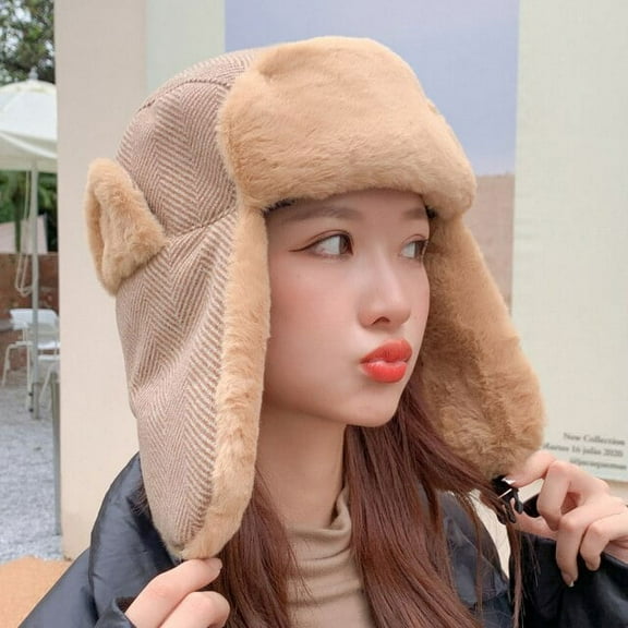 SikaFu Bomber Hat Thick Warm Women Winter Hat Windproof Snow Ski Earflap Trapper Cap Lady Striped Russian Hat Female Russian Cap