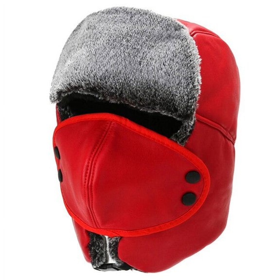 SikaFu Bomber Hat Windproof Men Women Leather Russian Hat Snow Ski Earflap Trapper Russian Cap Male Female Winter Hat with Mask