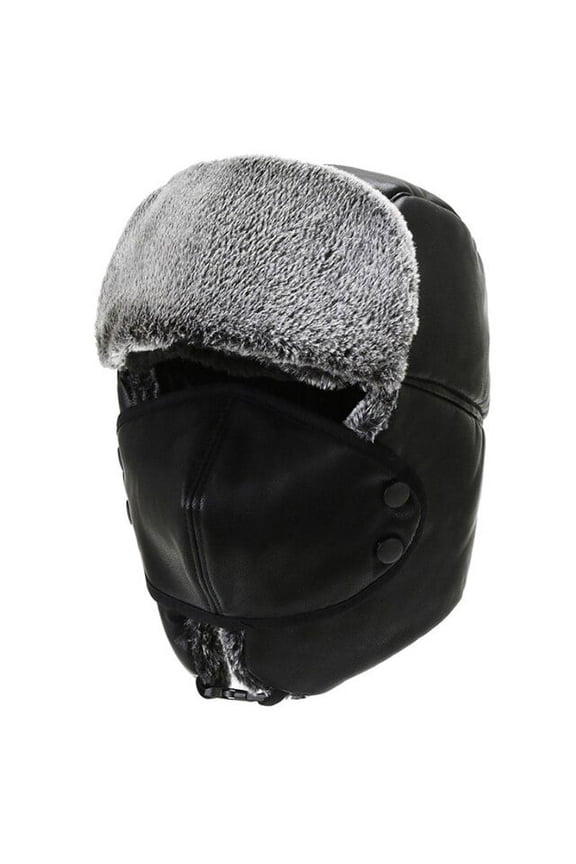 Bomber Hat Windproof Men Women Leather Russian Hat Snow Ski Earflap Trapper Russian Cap Male Female Winter Hat with Mask