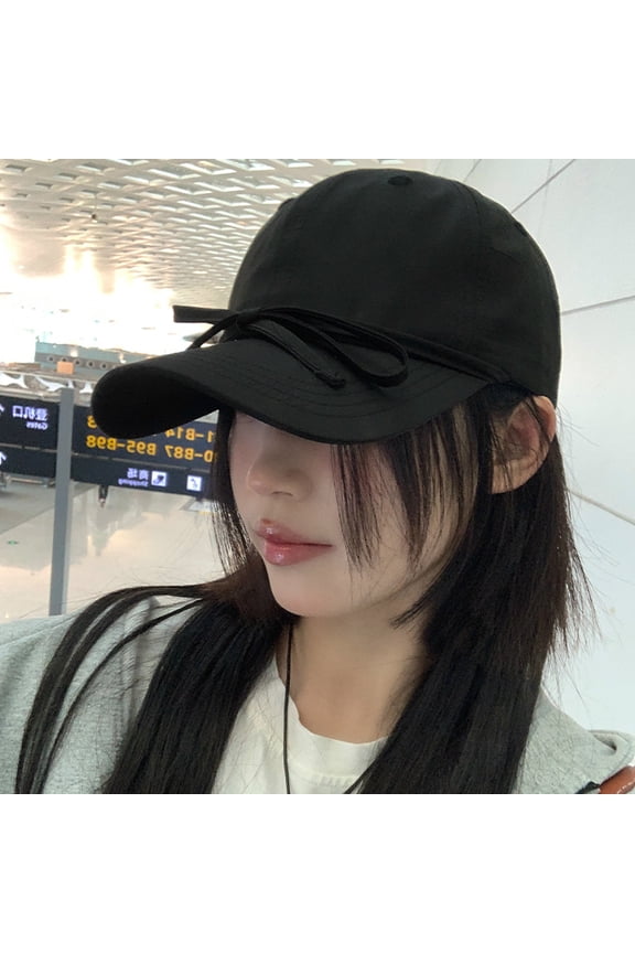 Bow Tie Black Baseball Cap, Versatile For Women In Summer, Wide Brim, Big Head, Round Face, Small Duckbill Cap, Big Face Hat, Trendy