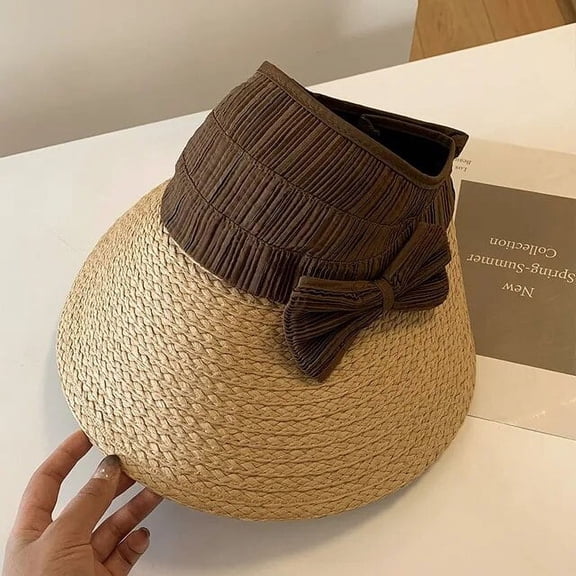 SikaFu Bowknot Empty Top Straw Hats For Women Summer UV Protection Wide Brim Sunscreen Cap Outdoor Beach Sun Hat Lady Visor Caps Gorros