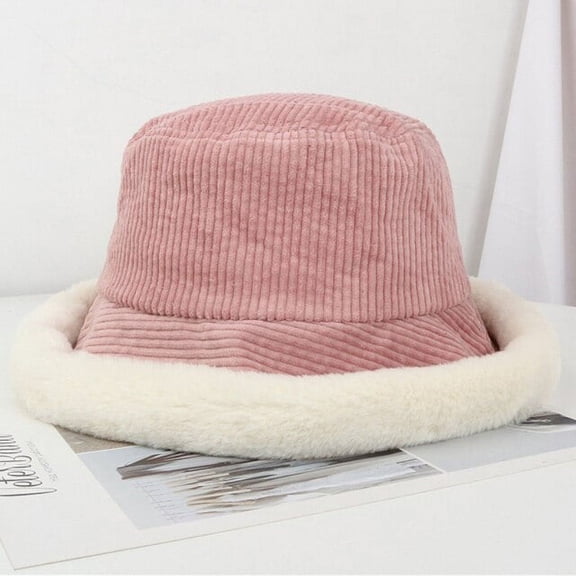 SikaFu Bucket Hat Thick Warm Fleece Lined Winter Hat Lady Corduroy Cute Flat Top Bucket Cap Female Packable Wide Brim Panama Hat