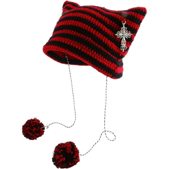 SikaFu Cat Ear Beanie Y2K Striped Crochet Hats Vintage Grunge Accessories Slouchy Beanies for Women