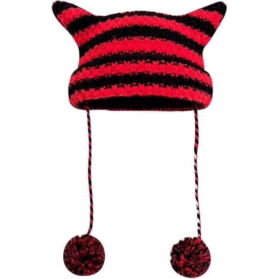 SikaFu Cat Ear Beanie Y2K Striped Crochet Hats Vintage Grunge Accessories Slouchy Beanies for Women