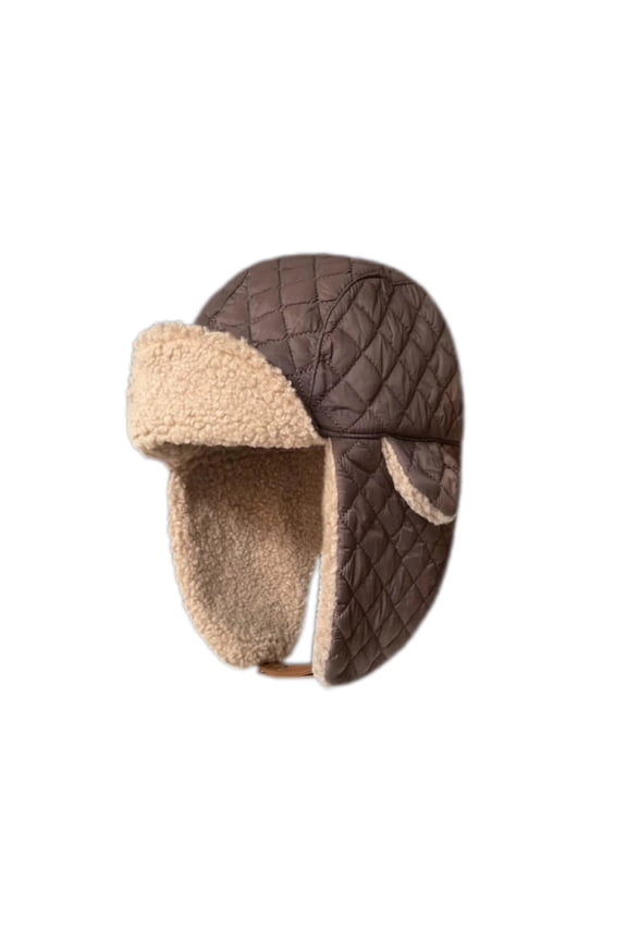 Checkered Down Fabric Lei Feng Hat For Women In Winter With Cotton Lining And Imitation Lamb Wool Ear Protection Hat, Versatile For Warmth And Cold Outdoor Use