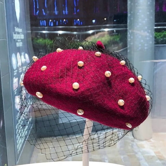 SikaFu Chic Wool Blend Vintage London Beret with Veil Mesh Show Double Layer Women Beret Beanies Caps Gorro for Ladys Banquet