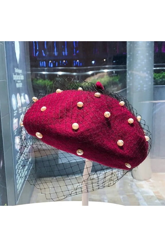 Chic Wool Blend Vintage London Beret with Veil Mesh Show Double Layer Women Beret Beanies Caps Gorro for Ladys Banquet