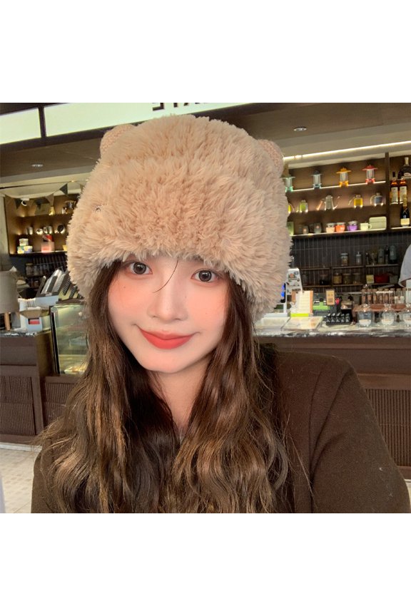 Cute Bear Wool Hat Girl Winter Winter Thicked Plush Plush Warm Mao Mao Bao Tou Hat In Autumn And Winter Big Blocks