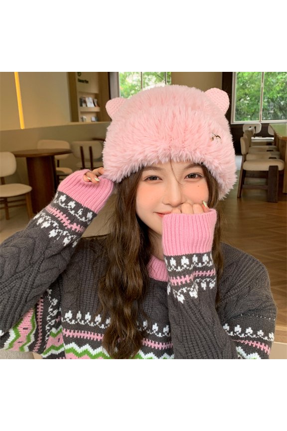 Cute Bear Wool Hat Girl Winter Winter Thicked Plush Plush Warm Mao Mao Bao Tou Hat In Autumn And Winter Big Blocks