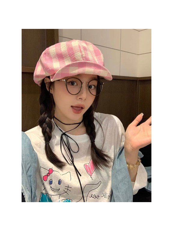 Cute Pink Checkered Cloud Blossoming Hat Female Spring And Summer Thin Air Breathable Literary Versatile Face Faces, Small Octagonal Beret