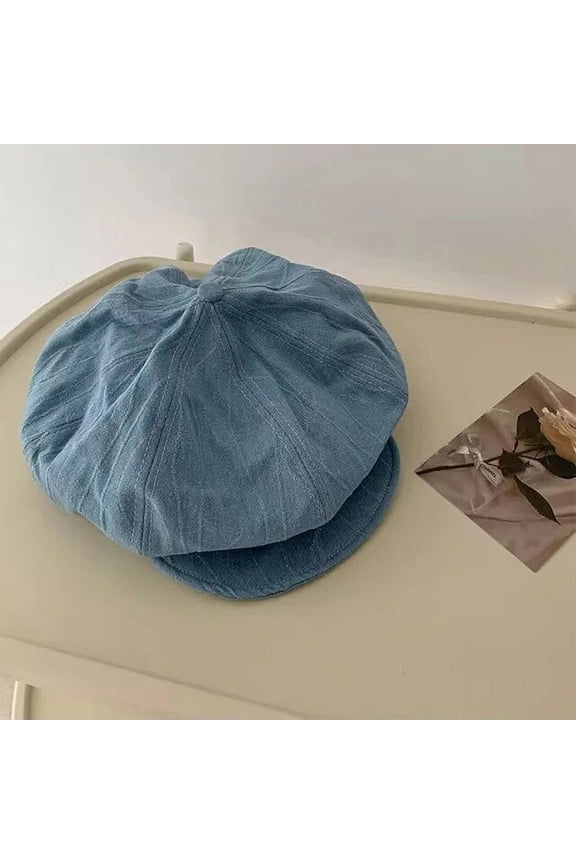 Denim Beret Women's Versatile Octagonal Hat Big Head Showing Face Small Painter Hat Spring and Autumn Trend Newsboy Cap