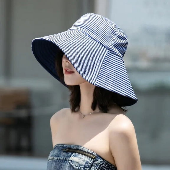 SikaFu Double-Sided Solid Color Stripe Women Bucket Hats Summer Anti-UV Sun Visor Wide Brim Sun Hats Outdoor Beach Travel Panama Cap