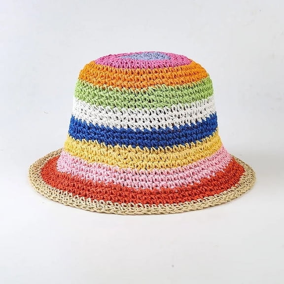 SikaFu Fashion Wide Eaves Rainbow Stripe Woven Straw Hat Women's Summer Hollow Bucket Hats Breathable Crochet Sunscreen Beach Basin Hat