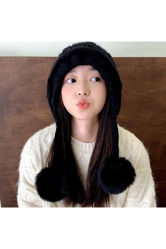 Fashionable Face, Face, Face, Warm Knitted Hats, Autumn And Winter Outdoor Ear Protective Blades, Wool Ball Hats, Cute Tie Cap