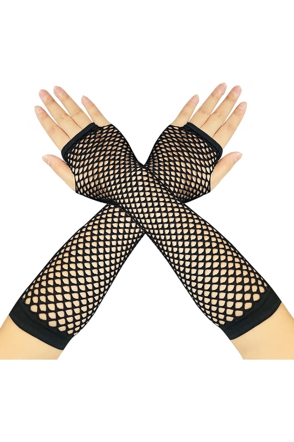 Fingerless Long Gloves Pierced Elbow Length Fishnet Satin Gloves 19 Inches Stretchy Opera Evening Party 1920s Gloves for Women Party Accessory Halloween, Black