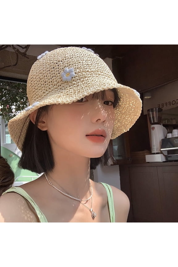 Flower Grass Woven Fisherman Hat For Women In Summer, Breathable, Sunshade, And Sunscreen Bucket Hat, Japanese Small Fresh And Face Revealing Small Grass Hat