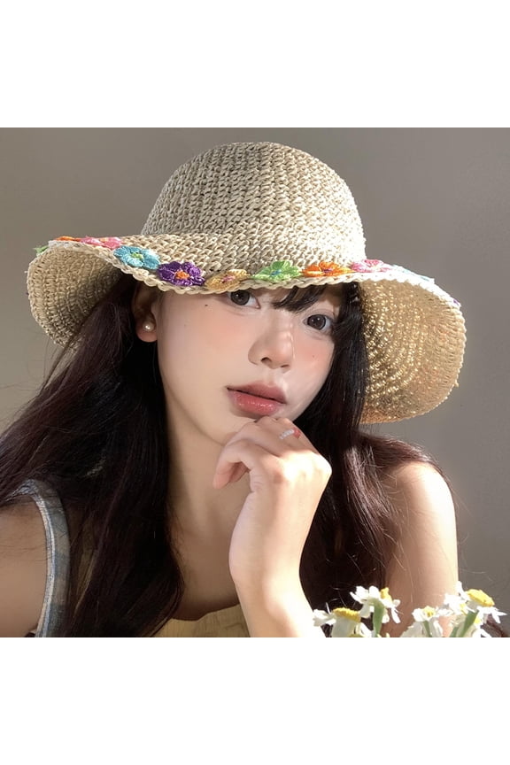 Flower Hollow Woven Straw Hat For Women In Summer With Large Brim, Fisherman Hat For Beach Vacation, Sun Shading, And Sun Protection Hat Trend