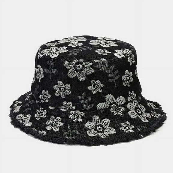 SikaFu Four Seasons Denim Cartoon Flower Embroidery Bucket Hat Fisherman Hat Outdoor Travel Sun Cap For Girl And Women 151