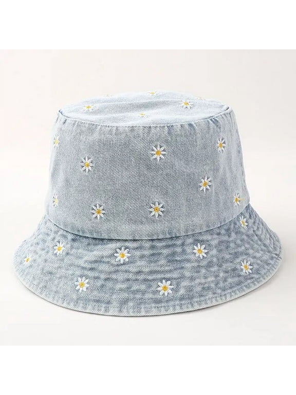 Four Seasons Denim Cartoon Flower Embroidery Bucket Hat Fisherman Hat Outdoor Travel Sun Cap For Girl And Women 158