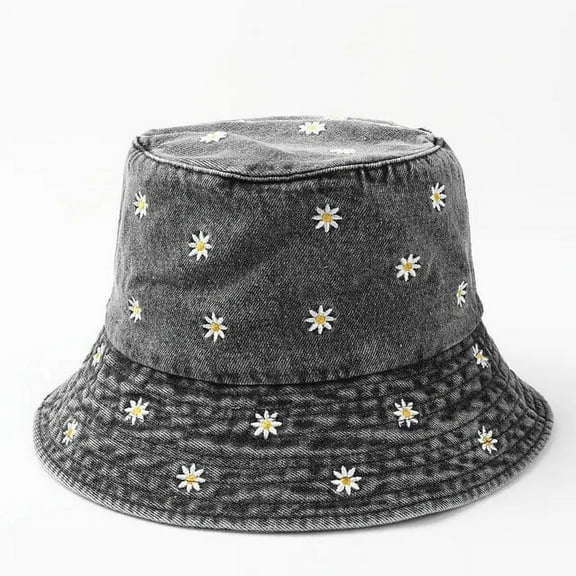 SikaFu Four Seasons Denim Cartoon Flower Embroidery Bucket Hat Fisherman Hat Outdoor Travel Sun Cap For Girl And Women 158