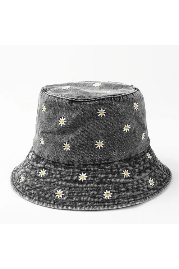 Four Seasons Denim Cartoon Flower Embroidery Bucket Hat Fisherman Hat Outdoor Travel Sun Cap For Girl And Women 158