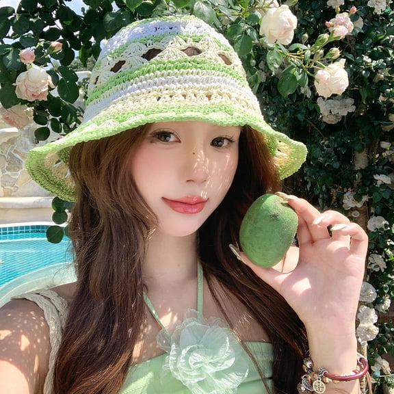 SikaFu French Color Blocking Hollow Woven Straw Hat For Women's Summer Beach Vacation Sun Shading And Sun Protection Hat With Large Brim Straw Woven Fisherman Hat