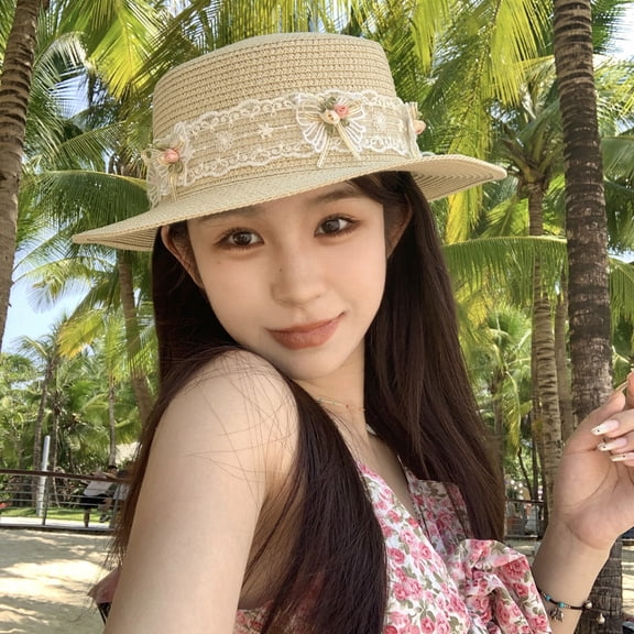 SikaFu French Lace Bow Tie Straw Hat Girl Spring And Summer Vacation On The Seaside Vacation, Traveling Big Eaves Sunscreen Plants